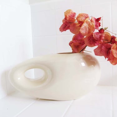 Vintage 80s Cream Deco Pottery Ceramic Vase - Donut Asymmetrical Ikebana Dried Flower Container 