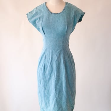 1980s acid wash Denim Sheath Dress with Cutout Back