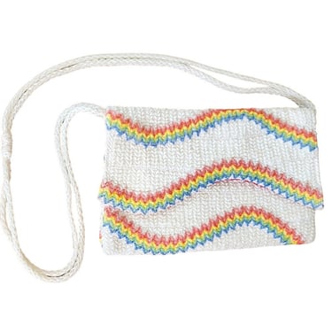Vintage 70s Straw Shoulder Bag Rainbow Waves 