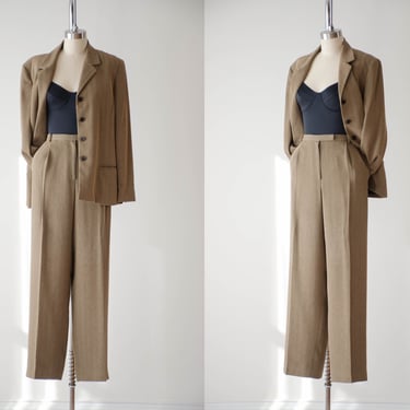brown herringbone suit | 80s 90s vintage Liz Claiborne tan dark academia straight leg high waisted pants trousers blazer 