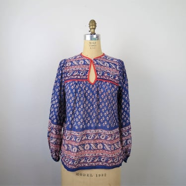 Vintage 1970s Indian cotton blouse, top, block print, balloon sleeve, boho 