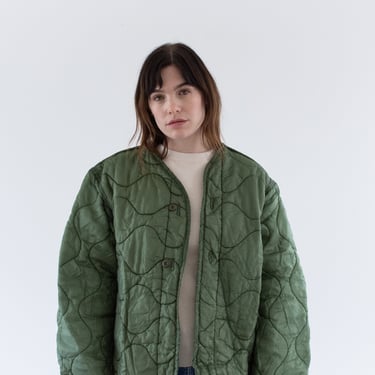 Vintage Green Liner Jacket | IMPERFECT Unisex Wavy Quilted Nylon Coat | L | LI248 