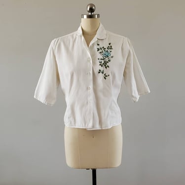 1950s Cotton Blouse with Blue Rose Detail 50's Women's Shirt 50s Vintage Size L/XL 