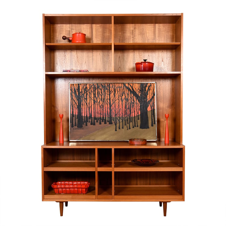 Open Danish Teak 2-Piece Media Cabinet w. Pull-Out Shelves + Adjustable Display Top