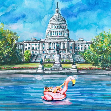 Reflecting Pool with Flamingo Float Gicleé print by Cris Clapp Logan Washington DC 