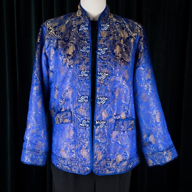 Vintage Electric Blue / Burgundy Reversible Satin Brocade Quilted Asian Jacket with Frog Toggle Closures 