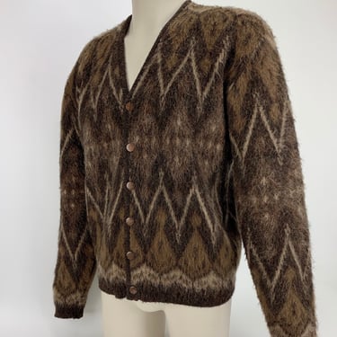 1950'S MOHAIR Cardigan - by CAMPUS - Mohair and Orlon - Tonal Hues of Caramel, Brown & Gray - Wood Grain Metal Buttons - Men's Size Large 