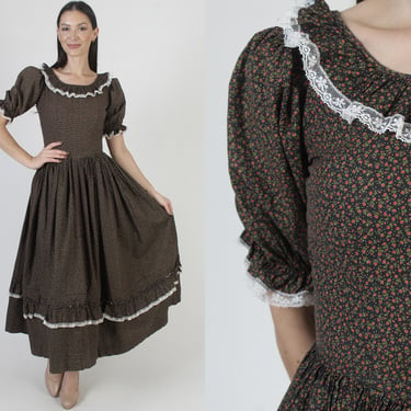 Black Calico Floral Dress, Vintage Cotton Pilgrim Style Gown, Womens Full Skirt Maxi 