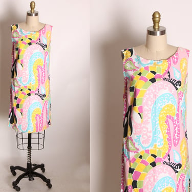 1960s Multi-Colored Sleeveless Pink, Green, Black and Yellow Abstract Swirl Psychedelic Shift Dress -S 