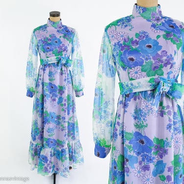 1970s Blue Floral Print Maxi Dress | 70s Blue Flower Evening Dress | Bridesmaid Dress | Modern Bridal | Small 