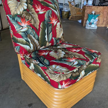 Modern Rattan Open Air Lounge Chair w/ Barkcloth Cushion 