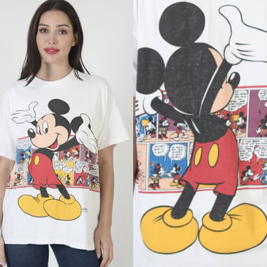 Mickey Mouse All Over Print T Shirt / Disney Cartoon Character Wrap Around Graphic / Vintage 80s Cartoon Comic Strip Print L 