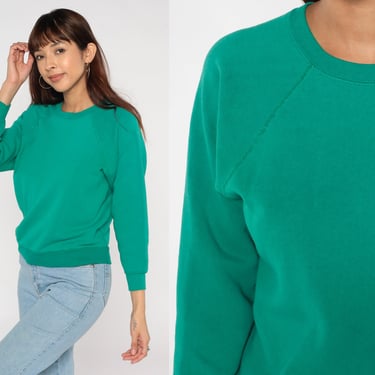 Green Sweatshirt 80s Raglan Sleeve Sweatshirt Plain Slouchy Crewneck Pullover Sweater Basic Streetwear Retro Solid Vintage 1980s Medium M 