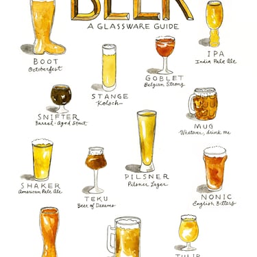 Types of Beer Glassware Watercolor Art Print