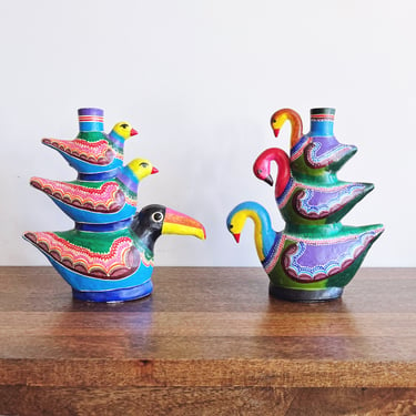 Vintage Mexican Pottery Ceramic Birds Candlestick Holders, Set of 2 
