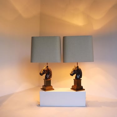 Two Hollywood Regency Horse Head Lamps Mid- century Couple Brass Horses Table Lamps With Shades, 1970s 