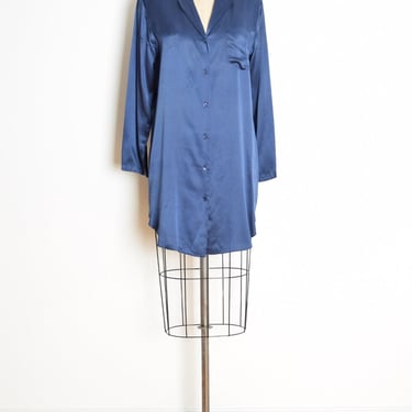 vintage 90s shirt dress tunic navy blue silk button up over sized S M clothing 