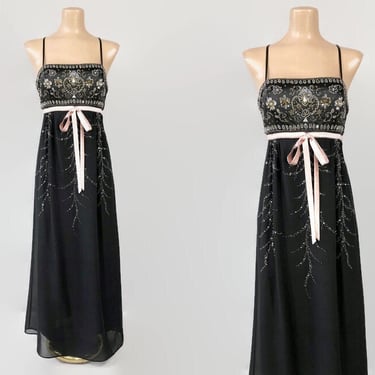 VINTAGE 90s Sue Wong Beaded Empire Cocktail Prom Dress | 1990s Black Sheer Overlay Party Gown | Bridgerton Regency Style Formal 