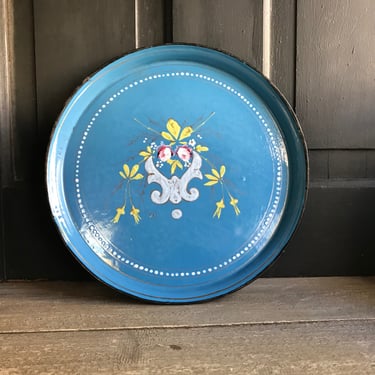French Enamel Serving Tray, Turquoise Blue, Floral Roses, French Farmhouse, Gold Gilt, Farm Table Decor 