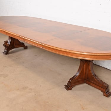 Karges Italian Provincial Burled Walnut Double Pedestal Extension Dining Table, Newly Refinished