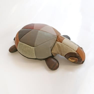 Vintage Patchwork Leather Therapeutic Stuffed Turtle Toy Tortoise Retro Modernist Bauhaus Foot Stool Pouf Decorative Pillow Kids Organic 