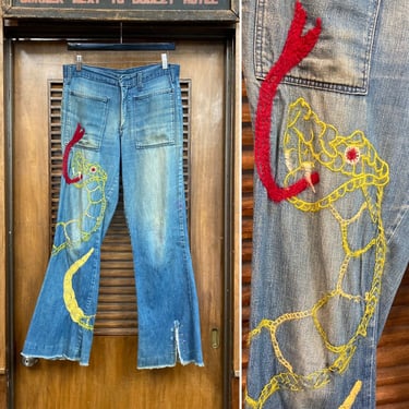 Vintage 1960’s w32 Rattlesnake Embroidered Hippie Glam Denim Jeans, 60’s Vintage Clothing 