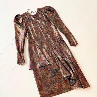 1980s Judy Hornby Couture Metallic Silk Mutton Sleeve Dress with Ruffled Skirt, Asymmetric Hem and Sexy Back 