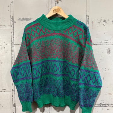 Vintage Benetton Mohair Sweater with Heart Detail  Mock Neck Knit 