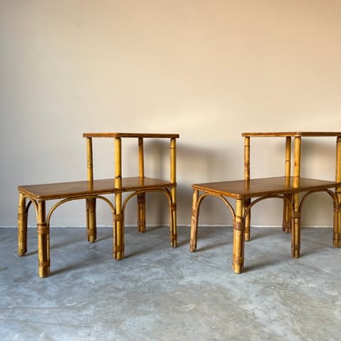 Vintage Heywood-Wakefield - Style Bamboo & Rattan Side Tables a Pair 