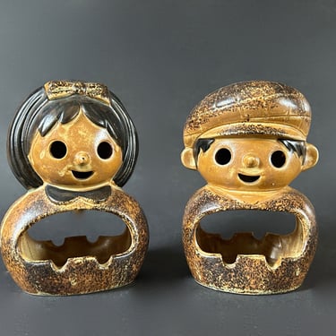 1960s Hanging Pottery Ashtray Set, Boy and Girl; Vintage Hanging Ashtrays Japan; Boy Girl Hanging Ashtray; Mid-Century Ashtray 