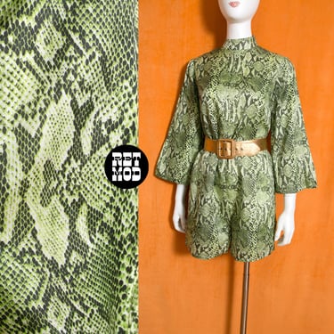 GORGEOUS Vintage 70s Green Snake Romper with Bell Sleeves 