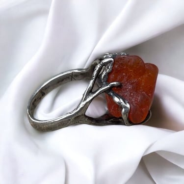 Handmade Sterling Silver Abstract Brutalist Gothic Orange Sea Glass Ring Sz 6.5 