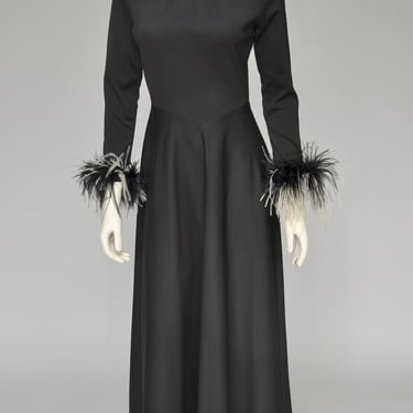 vintage 1970s black witchy maxi dress w/ feathered sleeves XS-M 