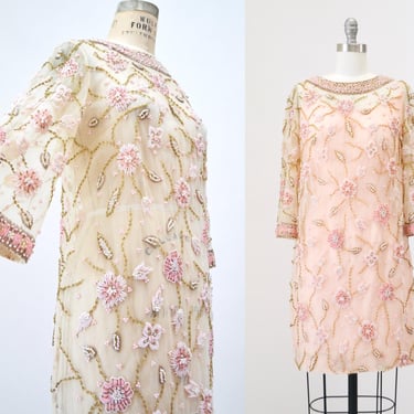 60s Vintage Beaded Floral Mesh Dress Pink White Gold 1960s Beaded Wedding Dress Small Medium 60s Wedding Cocktail Flower Beaded Dress 