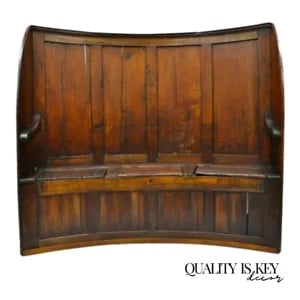 18th Century Antique High Back Curved English Pine Pub Settle Hall Storage Bench