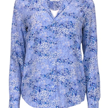 Equipment - Blue Floral Long Sleeve Silk Button Up Blouse Sz XS