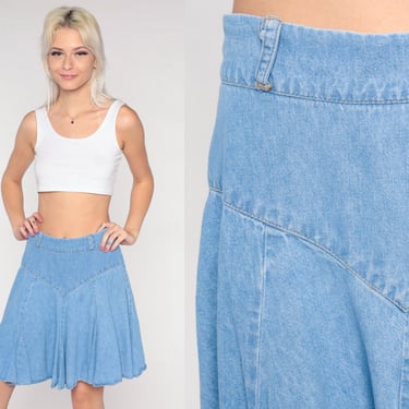 Denim Mini Skirt Western Jean Skirt 90s High Waisted Flared A Line Skirt Retro Vintage 1990s Blue Medium Large 
