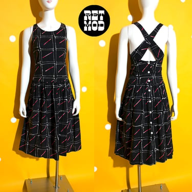 Cool Vintage 80s 90s Black Red White Abstract Patterned Cotton Sun Dress 