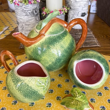 3 Vintage Ceramic Watermelon Tea Set~ Handle Teapot~ Sugar Bowl/ Lidded Jam Jar~ Creamer/ maple syrup holder ~ Hand Painted, green & pink 