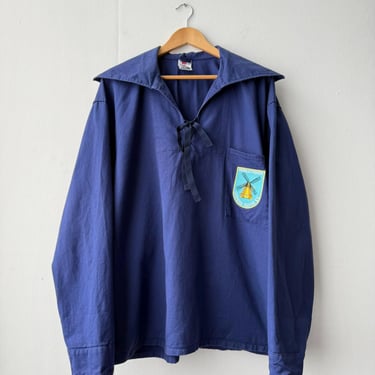 Vintage Nautical German Smock With Windmill Badge - Navy Blue 100% Cotton - 2XL 3XL 