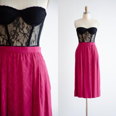 pink midi skirt 80s vintage magenta silky jacquard skirt 