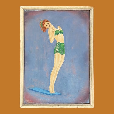 Vintage Portrait Painting 1950s Retro Size 15x11 Mid Century + Woman + Pinup + Bathing Suit + Diving Board + Acrylic + Hard Board + Wall Art 