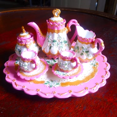 VINTAGE Pink Rose Floral Mini Tea Set, Victorian Home Decor 