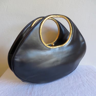 1960's House of Holzman Black Leather Oval Structured Purse Clutch with Gold Metal Round Handles Mod Style 60's Handbags 