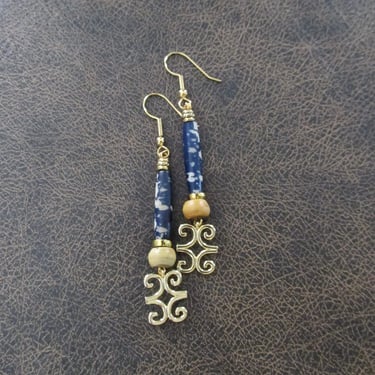 Blue batik print bone earrings, adinkra symbol dwennimen 
