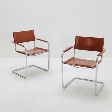 Set of 2 Mid century S34 cognac Leather tubular armchairs by Mart Stam & Marcel Breuer 1980s Italy 