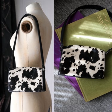 THE LIMITED Y2K Cow Print Pony Hair Shoulder Bag w/ Flap Closure | 2000s Bag | Genuine Leather | Designer Handbag Date Night Purse Handbag 