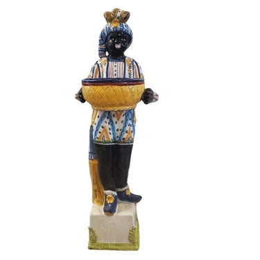 Large Antique Italian Glazed Majolica Pottery Statue Venetian Nubian Moor Figure Standing Servant Butler w/ Serving Bowl Cachepot Jardiniere 