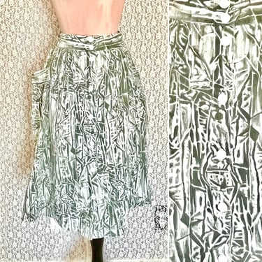 Abstract Tiki Bamboo Print, Full Skirt, High Waist, Button Down Front, Pockets, Cotton, Vintage 70s 80s 