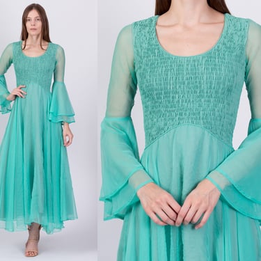 60s 70s Jack Bryan Bell Sleeve Gown, As Is - Extra Small | Vintage Aquamarine Chiffon Boho Hippie Formal Maxi Dress 
